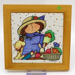 Sue Dreamer Girl Dog Rabbit Basket Vegetables Wood & Ceramic Tile Trivet